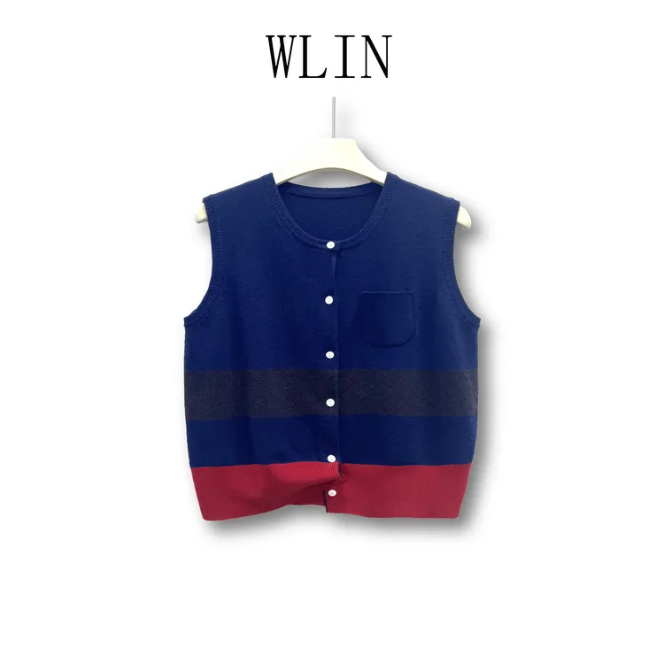 WLIN 绵羊毛圆领撞色条纹精致口袋女士针织马甲WL88232