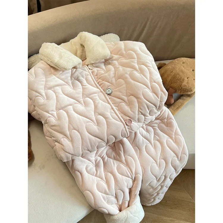 甜美温柔风软糯夹棉睡衣女冬季新款大码加厚保暖家居服套装可外穿