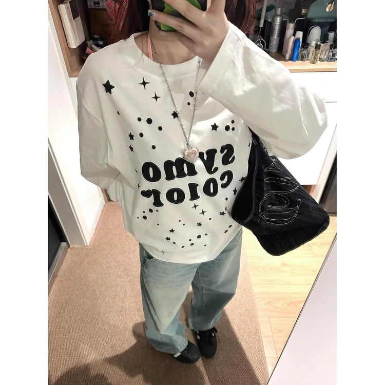 100%纯棉个性韩版流光风长袖t恤女春秋季宽松休闲vintage减龄上衣