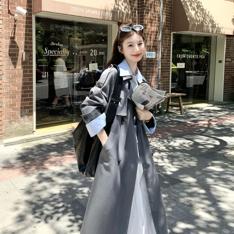 时尚高级感英伦风气质风衣女2025秋季新款设计感撞色拼接长款外套