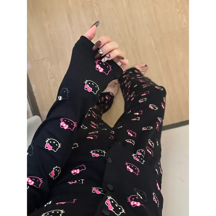 暗黑凯蒂猫2025新款带胸垫睡衣女款印花甜美风春秋新款家居服套装