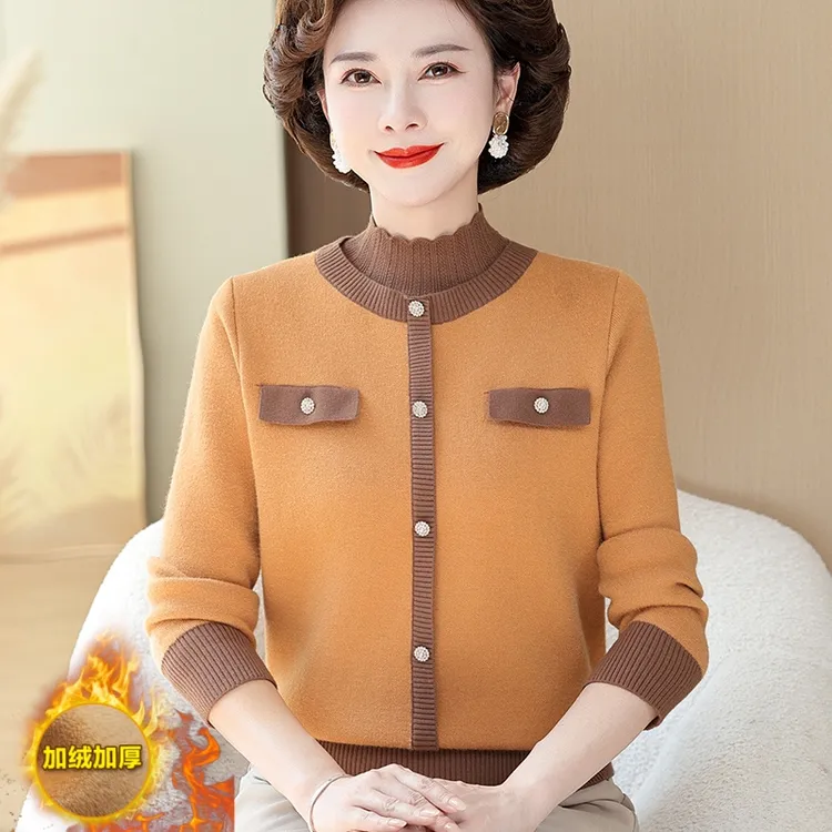 妈妈装秋冬保暖一体绒假两件毛衣中老年女加绒加厚内搭针织打底衫