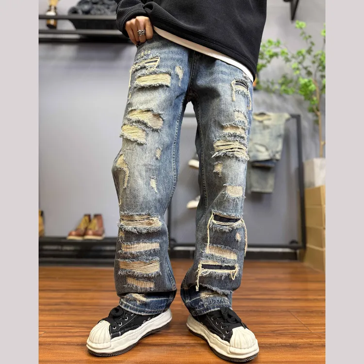 美式高街复古补丁破洞牛仔裤男宽松直筒百搭个性设计感潮长裤9702