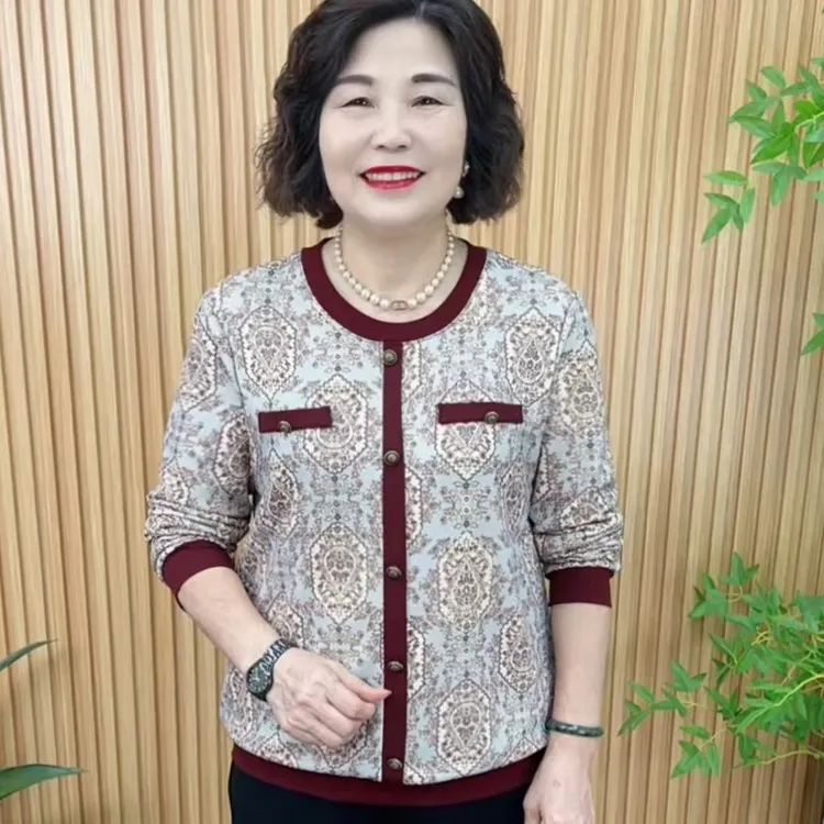 T恤中老年女装秋季格子妈妈T恤时尚妈妈装春秋女装V2699