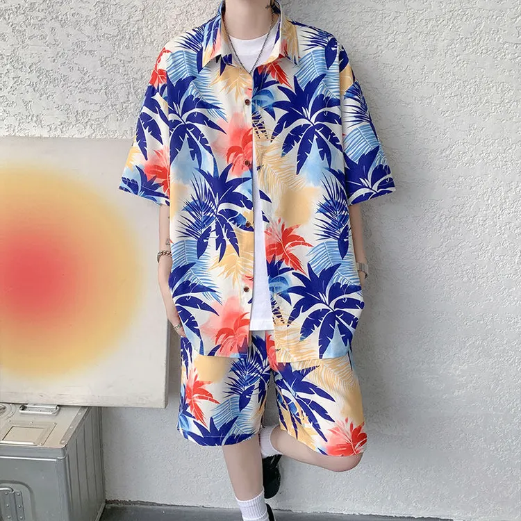 夏威夷沙滩冰丝短袖衬衫短裤套装男夏季宽松休闲潮流衬衣一套搭配