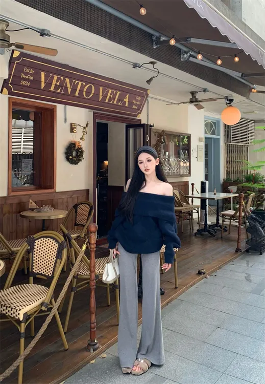 复古时尚一字领毛衣宽松慵懒针织上衣裤子套装显瘦出游服装女秋冬