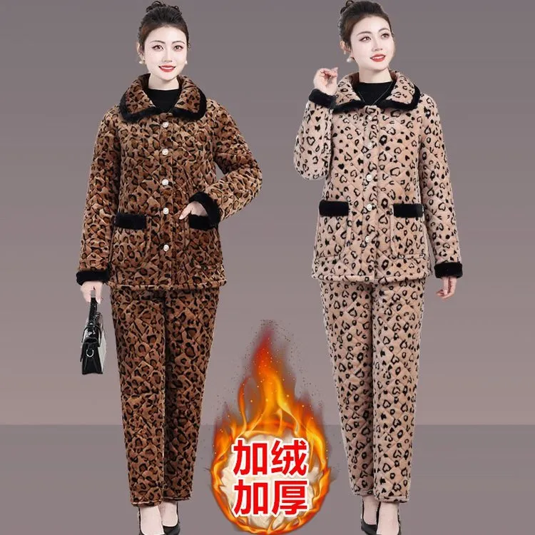 妈妈装豹纹翻领冬季三层夹棉加绒加厚保暖女士家居服睡衣套装外穿