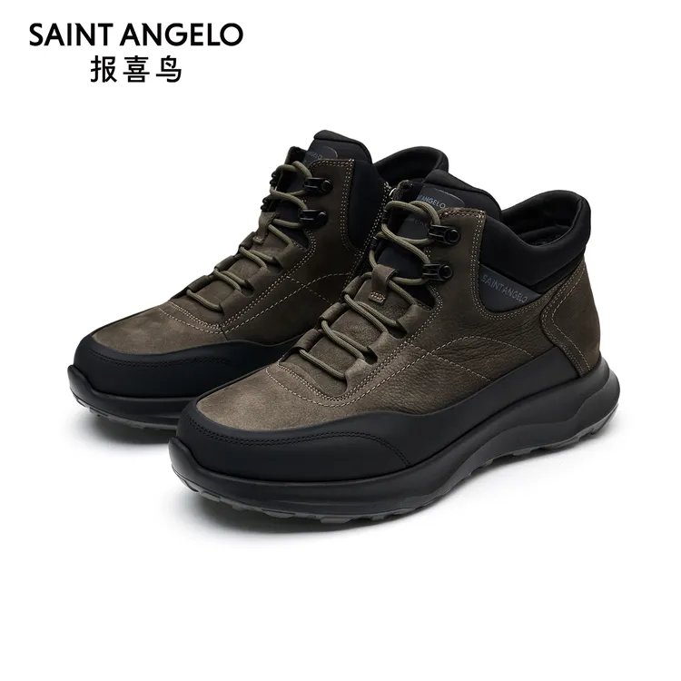 报喜鸟冬季男士工装靴磨砂真皮防滑户外加绒靴子高帮厚底增高短靴
