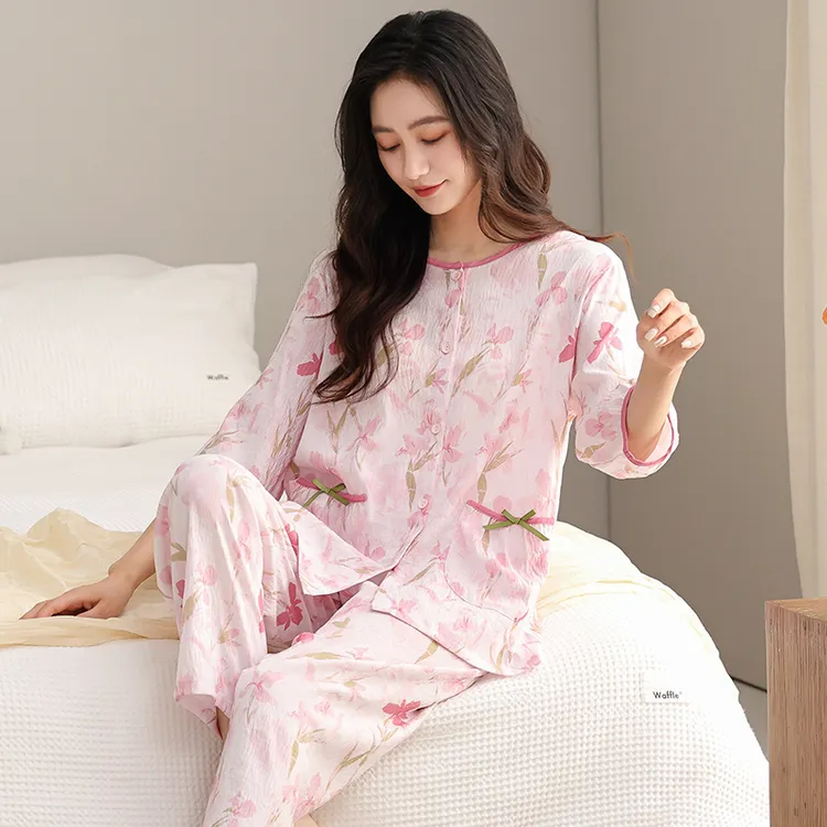 夏季碎花家居服套装棉宽松睡衣长袖女士可外穿