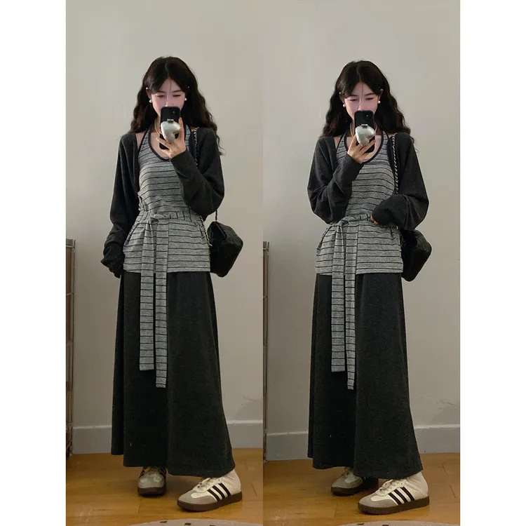 大码女装秋季慵懒风开衫条纹挂脖绑带背心+垂坠感A字裙通勤套装