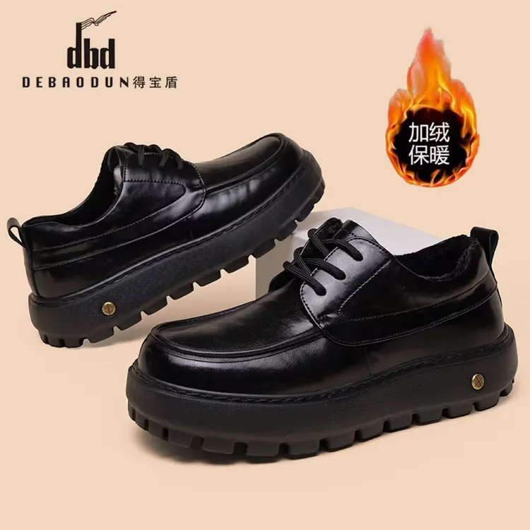 冬季新款男士商务休闲皮鞋加绒保暖厚底增高鞋百搭舒适轻便鞋子男