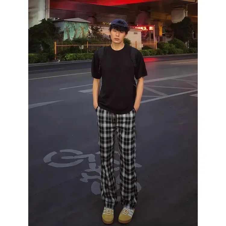 cleanfit黑白格子裤子男夏季薄款慵懒风微喇休闲裤美式直筒运动裤