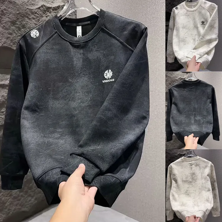 秋冬新款潮流刺绣扎染脏脏卫衣男士宽松圆领时尚百搭拼接上衣男装