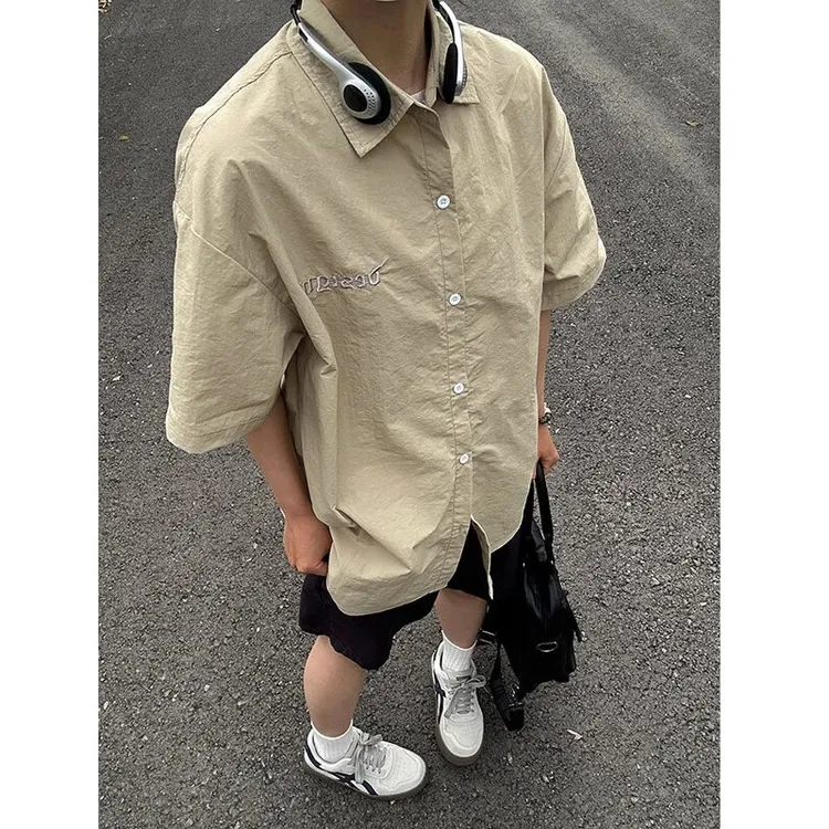 日系刺绣衬衫短袖男夏季中性风宽松休闲衬衣半袖潮牌翻领工装外套