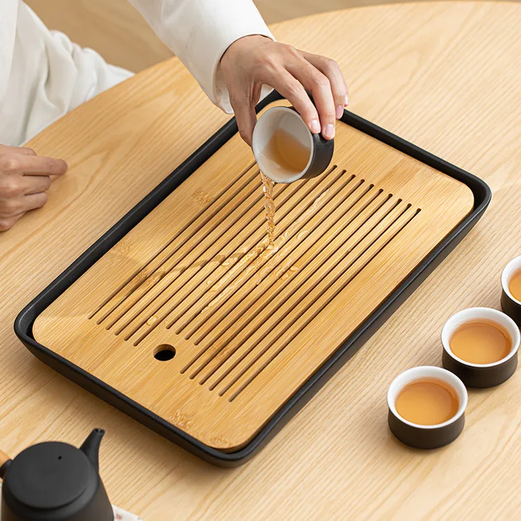 黑陶家用储水茶盘日式简约小茶台陶瓷储水小型竹制茶台干泡台托盘