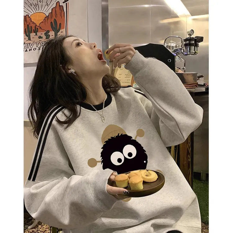 ins趣味卡通印花卫衣女秋冬新款宽松慵懒风三条杠圆领小个子上衣