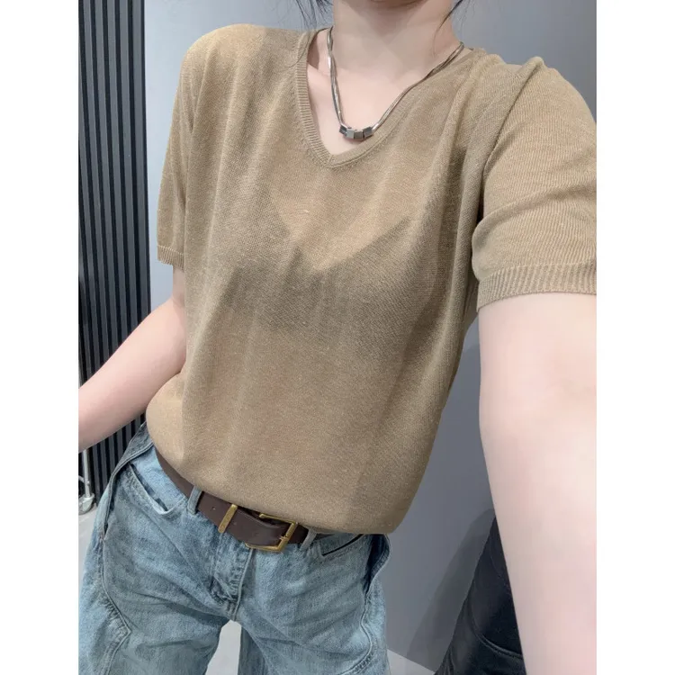 V领冰丝针织衫短袖女遮肚子显瘦宽松百搭简约纯色半袖上衣夏欧货