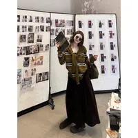 木卡家【条纹V领毛衣】定制款秋款新款韩系撞色宽松披肩毛衣两件套