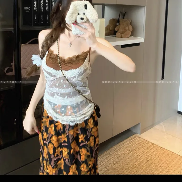 【鱼白专属】防晒开衫叠穿假两件背心女半身裙长裙三件套潮