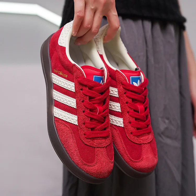 莆田牛皮真皮三条杠Gazelle德训鞋中国红色男鞋美式复古板鞋女鞋