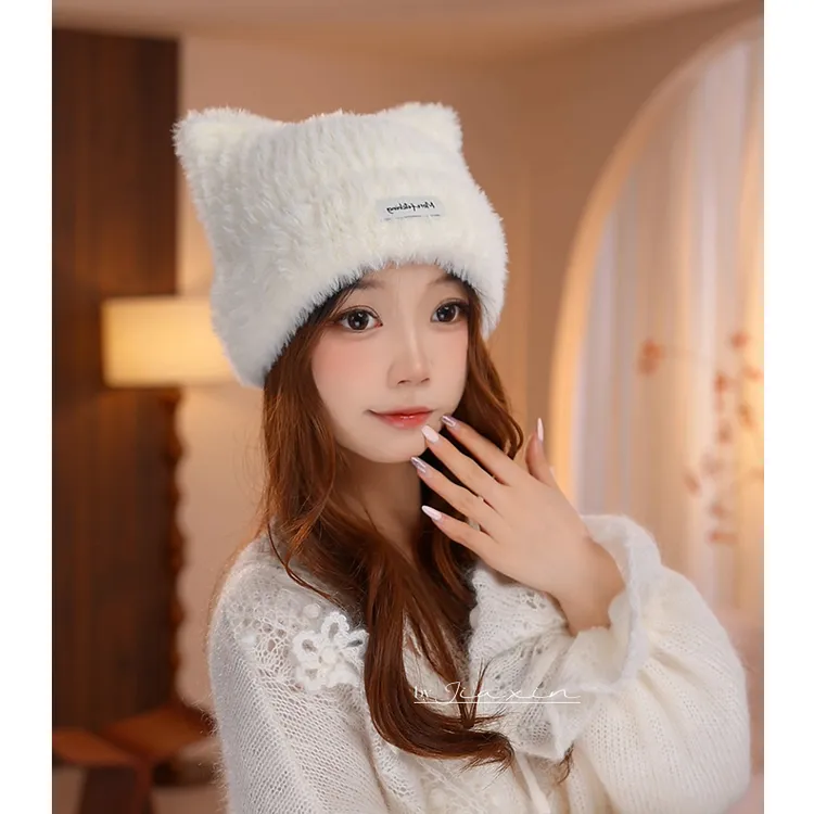 Dorain朵澜猫耳朵针织帽子女秋冬季百搭保暖护耳帽可爱包头毛线帽