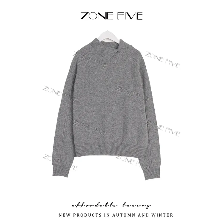 【zonefive】纯色减龄洋气毛衣针织打底衫上衣侧翻领设计感百搭女装