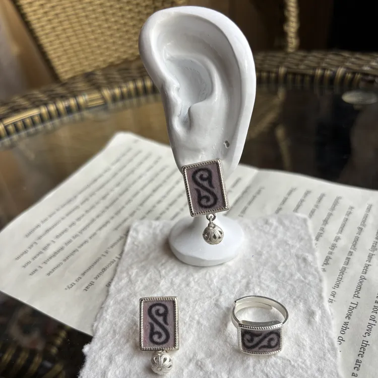 925银布艺耳饰 925民族风复古耳钉戒指