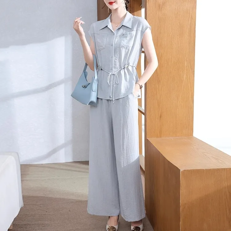 亚麻棉时尚纯色夏季显瘦衬衫套装2025新款收腰气质中年两件套装
