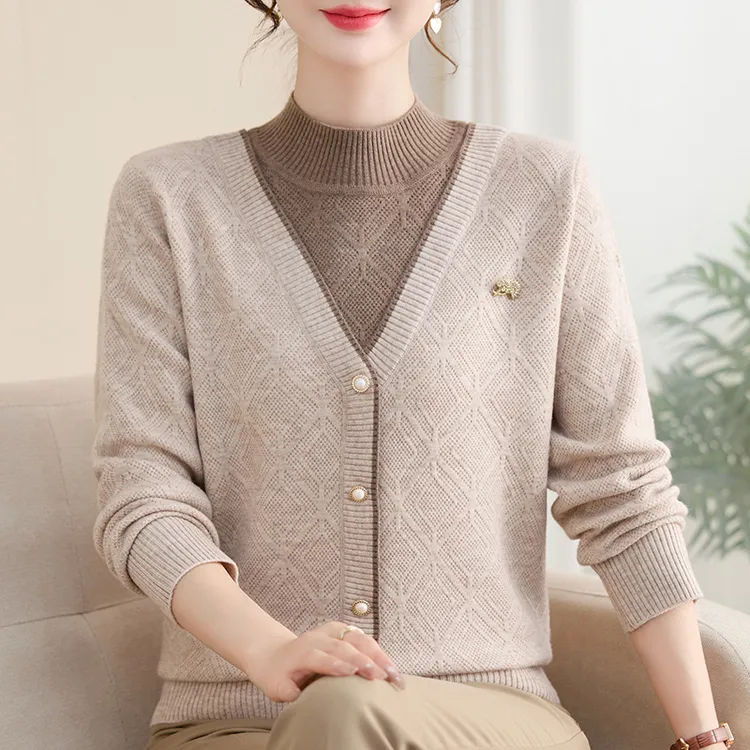 中老年女装妈妈装气质时尚女士长袖加厚秋冬款打底针织衫假两件套