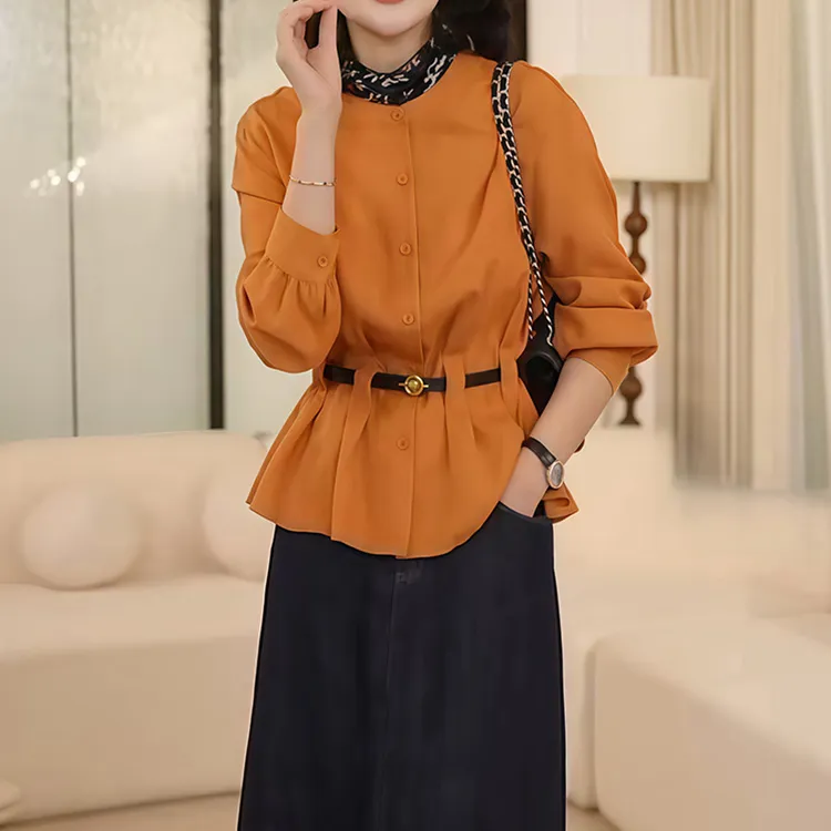 7016秋季新款时髦减龄圆领收腰长袖衬衫漂亮衬衣