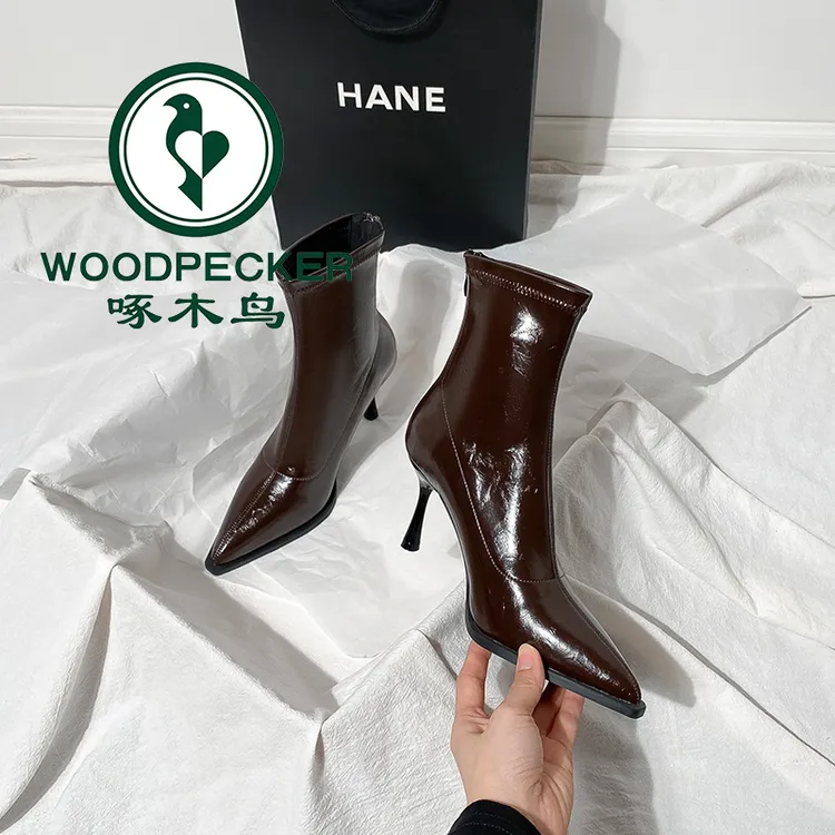 啄木鸟短靴高跟2025秋冬新款法式小踝靴细跟后拉链弹力尖头瘦瘦靴