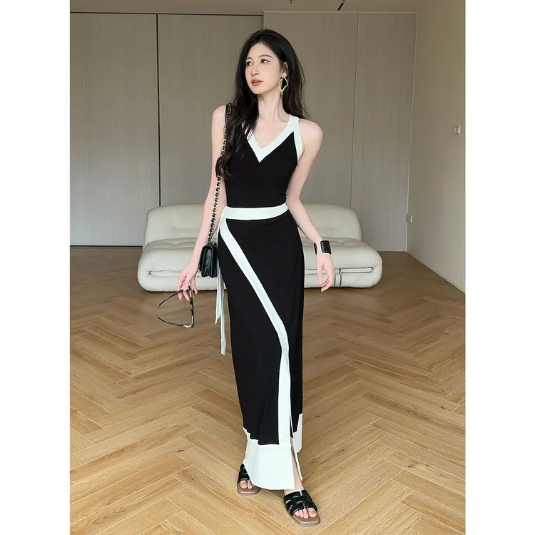 JIJINQI时尚修身轻奢撞色拼接上衣夏高级感半身裙女JD04SZXL737
