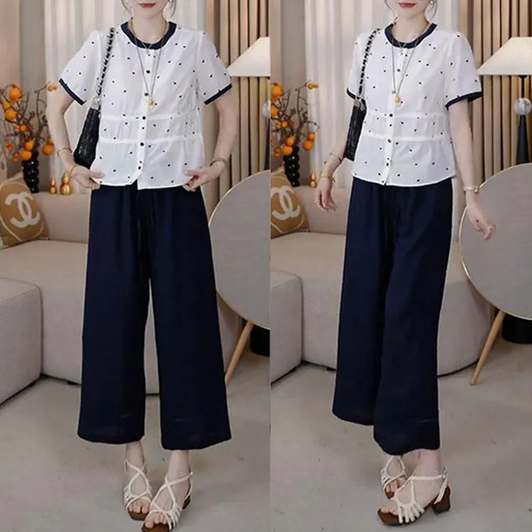 夏顺绝美设计感波点短袖衬衫上衣休闲九分裤高级感超好看两件套