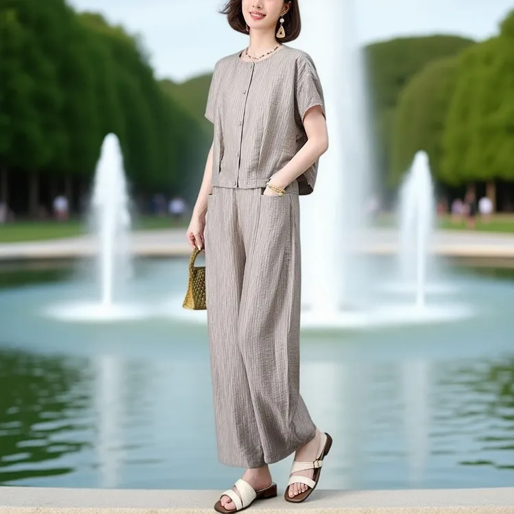 时尚套装夏一整套2025新款今年流行超火妈妈减龄巨好看亚麻两件套