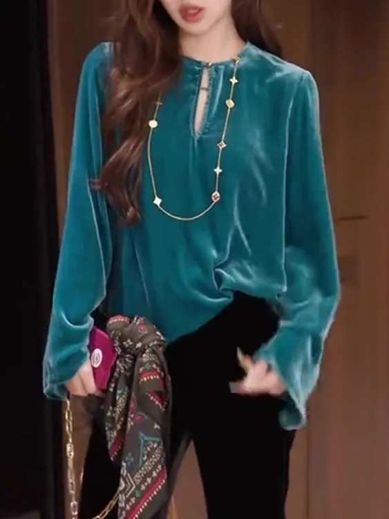 孔雀蓝复古高端轻熟风显瘦长袖上衣2025年秋季女装新款气质打底衫