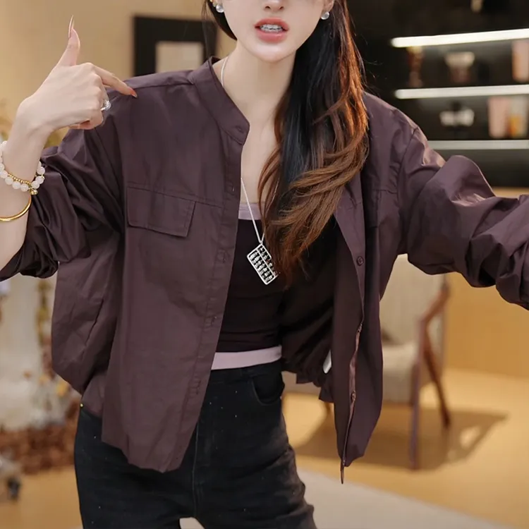 欧货圆领单排扣褶皱设计短外套女2025秋季宽松显瘦减龄长袖上衣潮