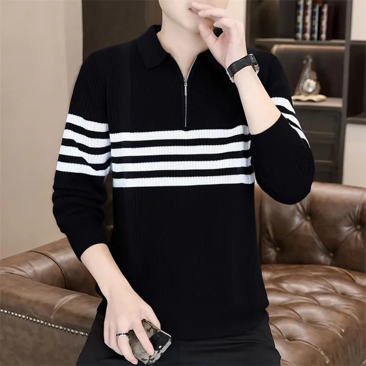 高档秋冬新款翻领半拉链毛衣男士时尚条纹针织衫打底衫男装8817