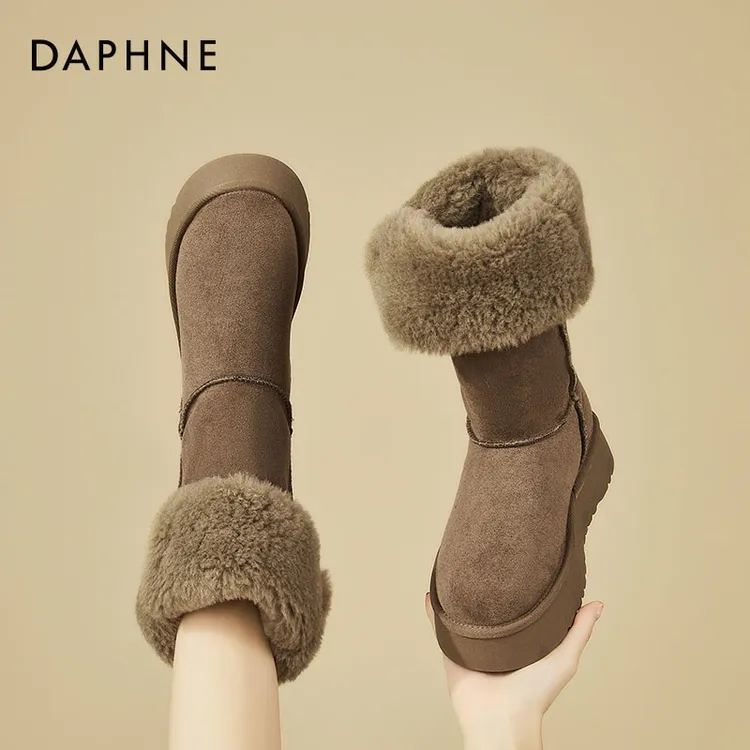 达芙妮加绒加厚保暖厚底棉靴2025冬季新款皮带扣中筒靴两穿雪地靴