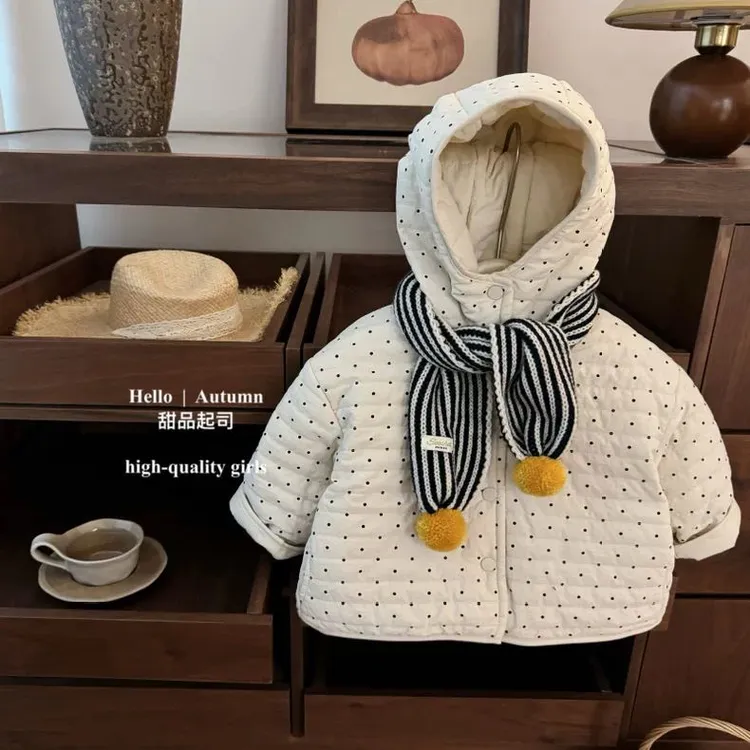超爱!韩系女宝宝可爱小波点连帽宽松绗棉外套棉服女童两面穿棉服
