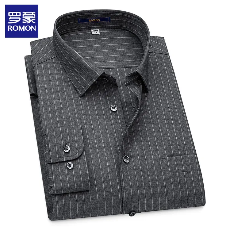 罗蒙高档男士商务绵羊毛衬衫春秋休闲条纹衬衣中青年时尚打底长袖