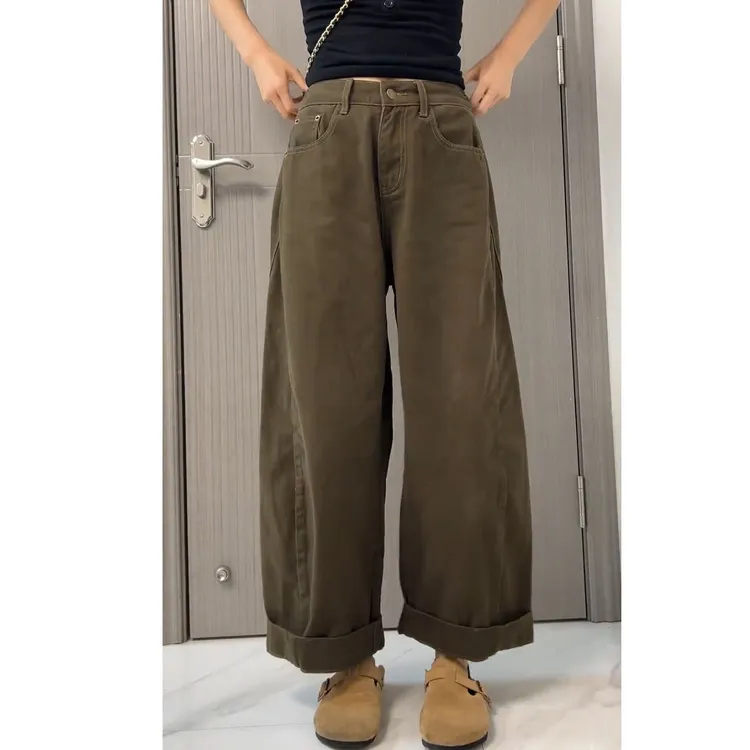 时尚橄榄绿松紧腰卷边九分阔腿裤设计感新款百搭慵懒风宽松牛仔裤