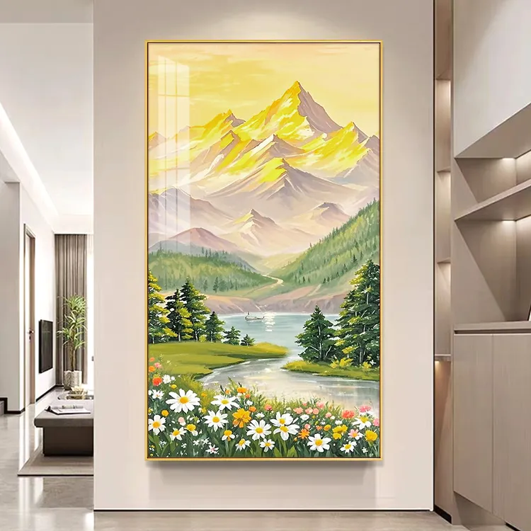 日照金山十字绣新款2026高级客厅大气玄关竖版山水画简单手工刺绣