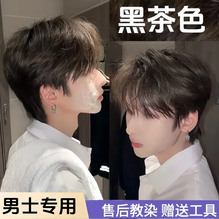 盖白发男士专用黑茶色纯蓬松染发剂植物天然纯自己染流行不伤发根