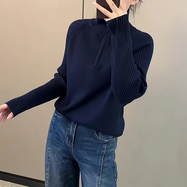 韩版减龄针织上衣秋冬流行穿搭新款2025年高领拉链设计长袖毛衣女