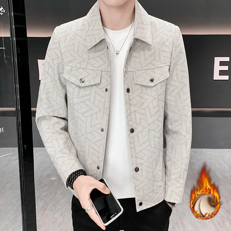 翻领复古秋冬夹克加绒加厚2025男士外套百搭上衣修身时尚休闲夹克