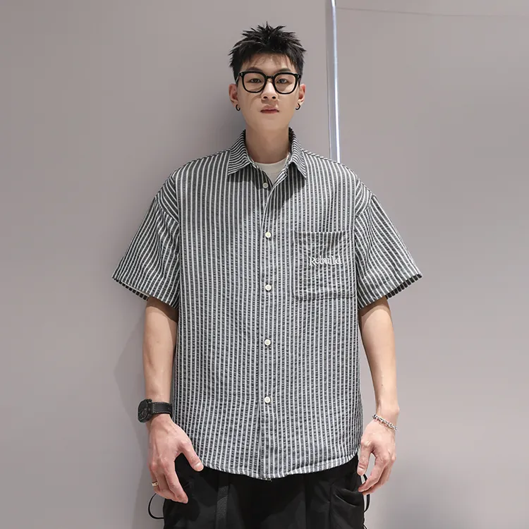 有术条纹刺绣工装衬衫短袖男夏季高级感宽松大码潮牌复古翻领衬衣