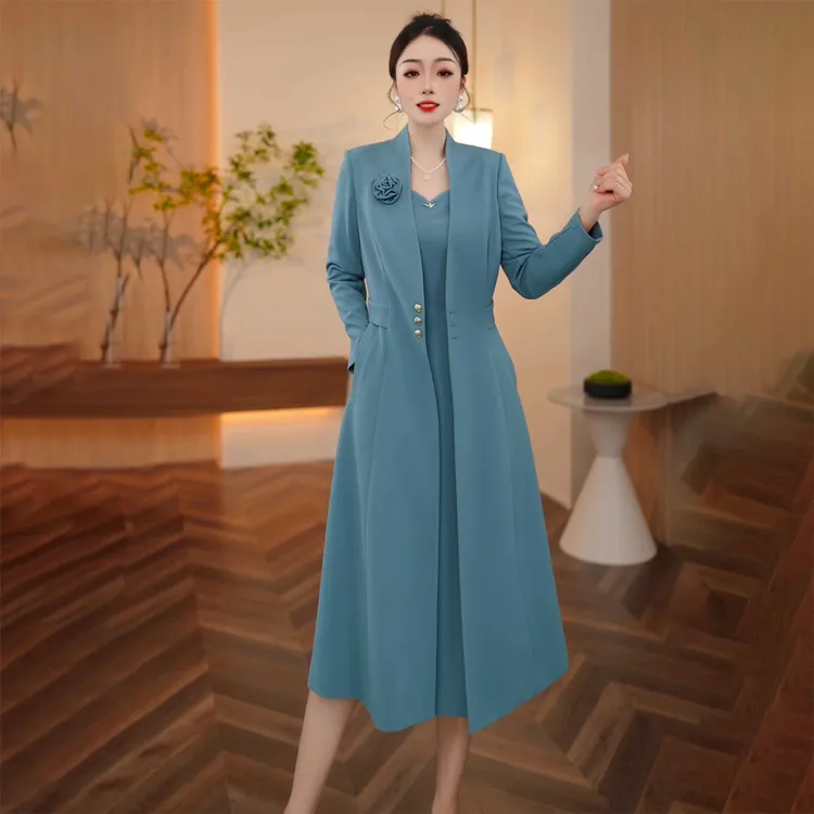 新品蓝色两件套连衣裙2025年新款秋季中长款外套阔太太裙子套装女