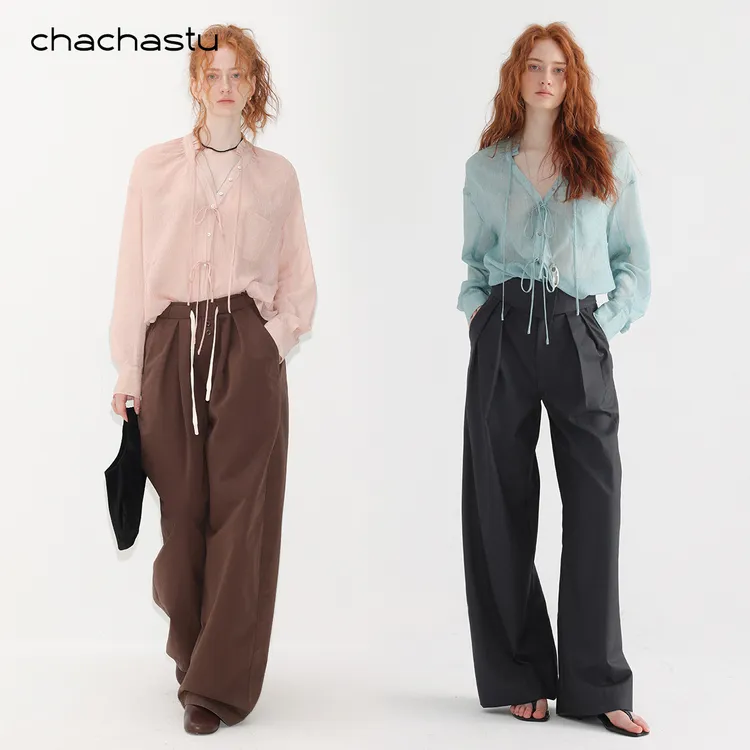 CHACHASTU法式简约长袖V领衬衫早秋蓝色晕染薄款防晒上衣 ZRS1865