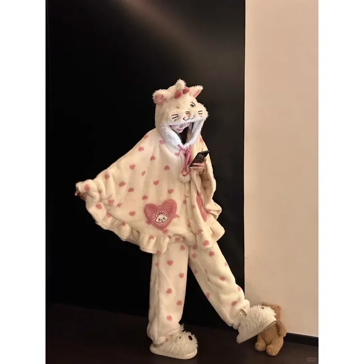 高颜值软萌可爱小猫半边绒睡衣女冬季款保暖宽松舒适套装可外穿女