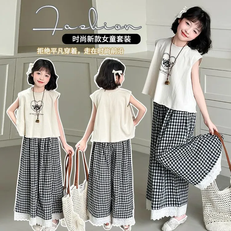 女童无袖背心格子阔腿裤套装夏季2025新款休闲花边九